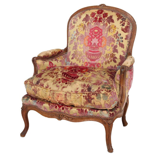 Antique French Louis XIV Overstuffed Carved Walnut Armchair 19thC