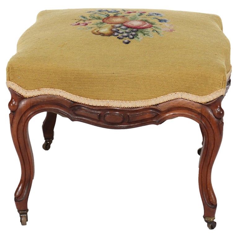 Antique Rococo Revival Rosewood Footstool with Floral Needlepoint C1890