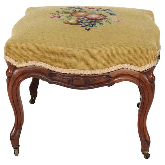 Antique Rococo Revival Rosewood Footstool with Floral Needlepoint C1890