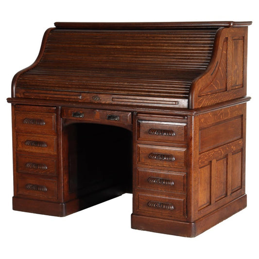 Antique Derby Oak Raised Panel S-Roll Top Desk with Carved Pulls c1920