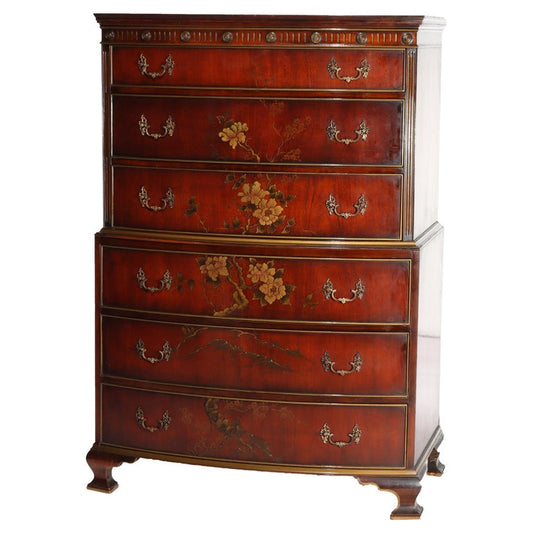 Floral Painted Chinese Chippendale Mahogany Six Drawer Highboy Chest c1920