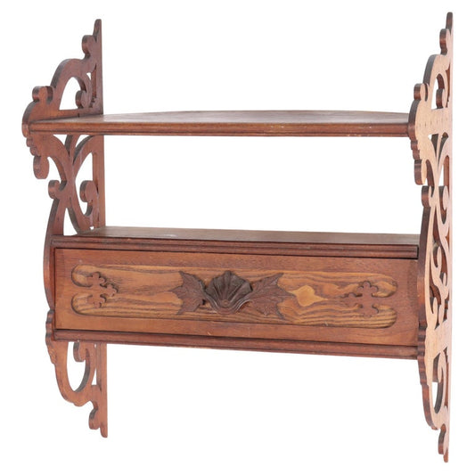 Antique Carved Walnut & Chestnut Hanging Shelf with Drawer Unsigned C1900