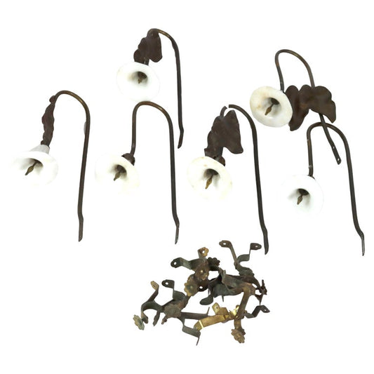 Six Antique Lily Form Floral Brass & Opalescent Glass Tie Backs C1890