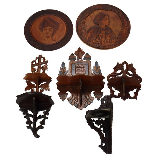 Seven Antique Black Forest Carved Walnut Pieces C1890