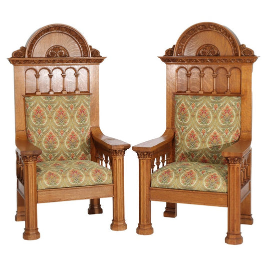 Pair Oversized Gothic Foliate Carved Oak & Upholstered Armchairs C1890