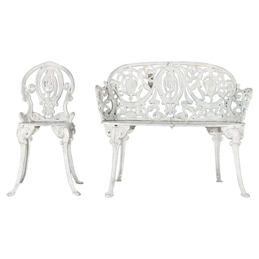 Antique Cameo White Painted Cast Iron Garden Set with Settee & Chair c1900