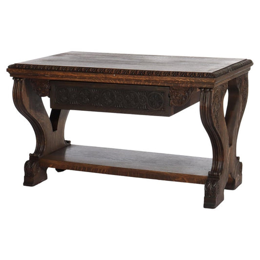 Arts & Crafts Carved Oak Trestle Library Table with Lyre Form Legs C1910