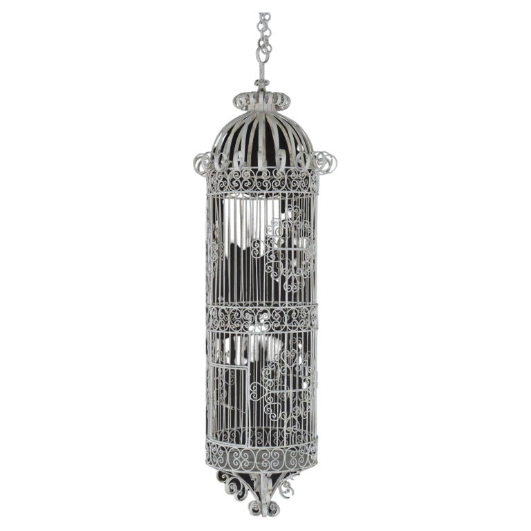 Victorian Wire Hanging Garden Birdcage, White Painted, C1900