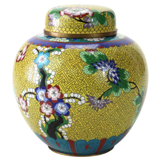 Antique Chinese Floral Cloisonne Enameled & Lidded Ginger Jar c1920