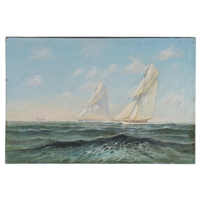 Vintage Oil on Canvas Seascape with Clipper Ships Signed F. Tordoff c1940