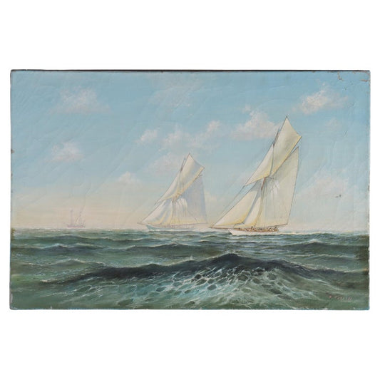 Vintage Oil on Canvas Seascape with Clipper Ships Signed F. Tordoff c1940