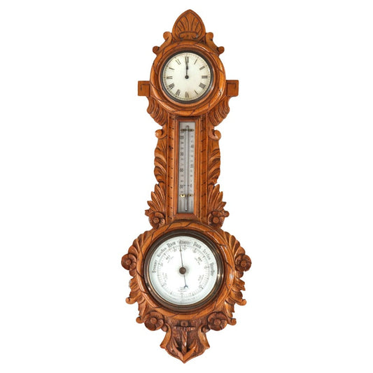 Antique Aneroid Carved Oak Nautical Themed Barometer Clock C1900