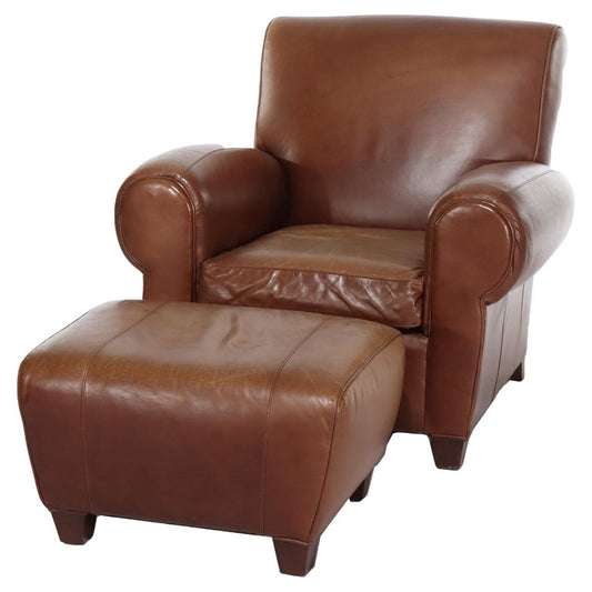 Two Piece Vintage Leather Club Armchair & Ottoman Set by Pottery Barn 20thC