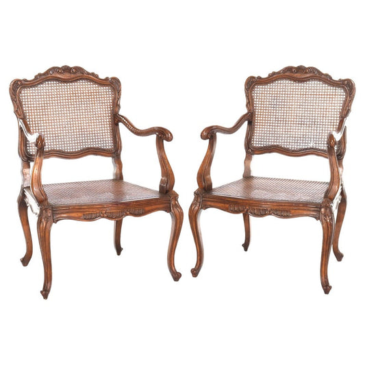 Pair of Antique French Louis XIV Walnut & Pressed Cane Armchairs 20thC