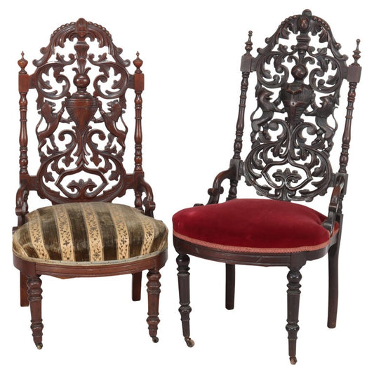 Two Antique Renaissance Revival Reticulated Walnut Armorial Side Chairs C1870