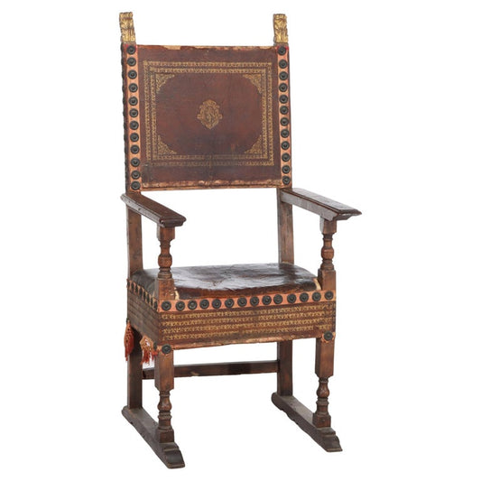 Antique Continental Walnut & Leather Throne Chair with Gilt Highlights 17thC