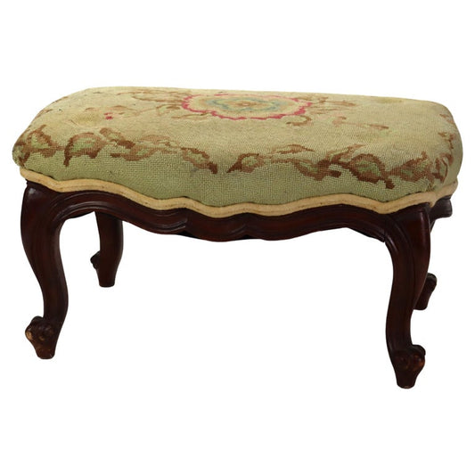 Antique Victorian Rococo Style Carved Walnut Tapestry Footstool C1890