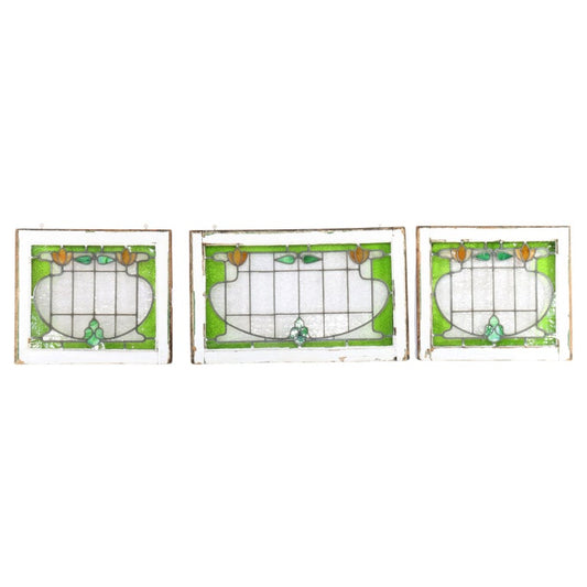 Set of Three Antique Stylized Arts & Crafts Stained Glass Windows C1910