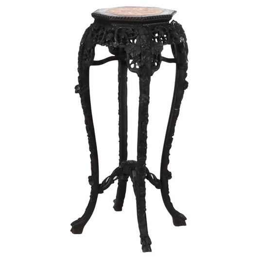 Antique Chinese Floral Carved Rosewood Stand with Rouge Marble Top C1920