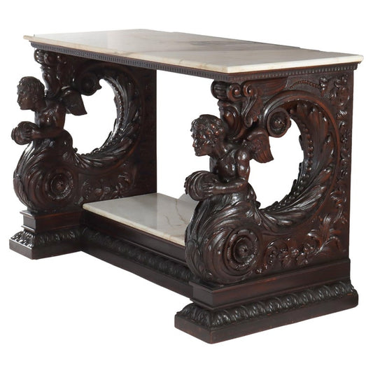 Antique Italian Baroque Figural Carved Walnut & Marble Top Console Table 18thC