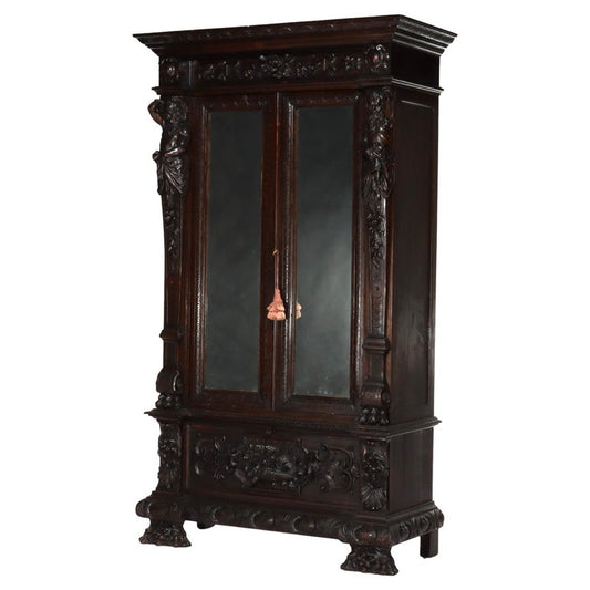 Antique Italian Baroque Heavily Figural Carved Walnut Armoire C1890