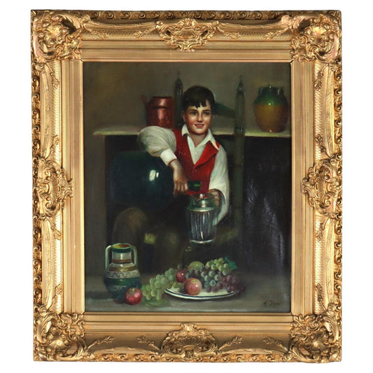 Antique Oil on Canvas Genre Painting of a Boy Serving Wine M. Rossi C1890
