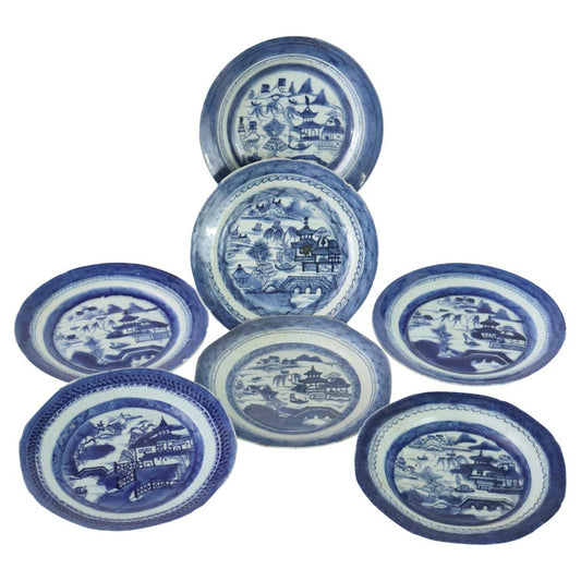 Seven Pieces Antique Canton Blue & White Porcelain Plates 19thC