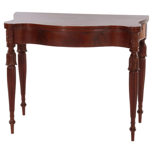 Antique Sheraton Federal Acanthus Carved Mahogany Serpentine Game Table C1830