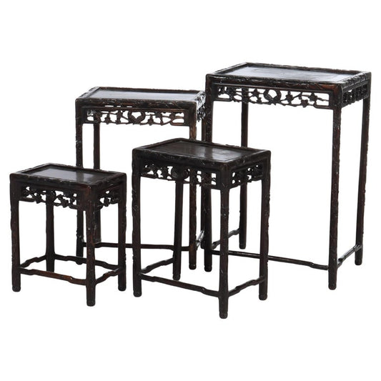 Set of 4 Antique Chinese Floral & Figural Carved Hardwood Nesting Tables