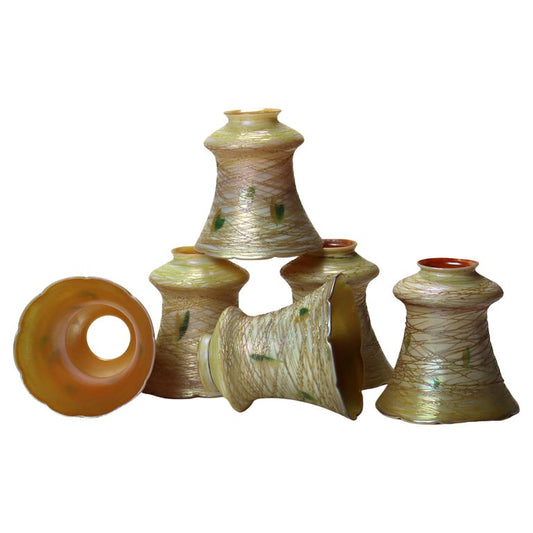 Six Quezal & Lustre Art Glass Shades Signed C1930