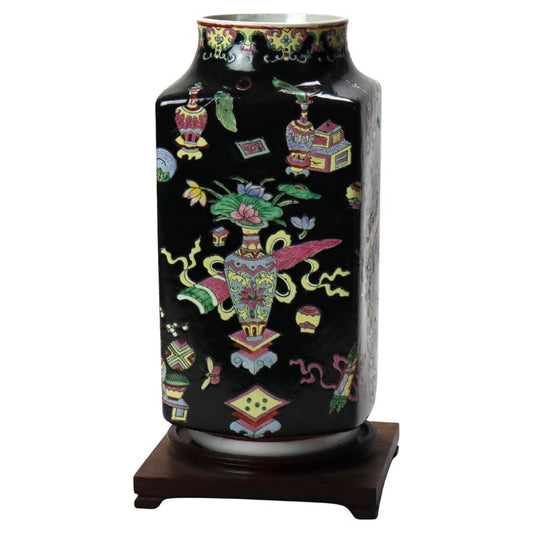 Vintage Chinese Enameled Porcelain Vase With Wood Base Signed C1940