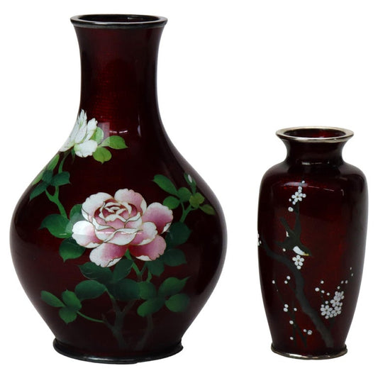 Two Antique Japanese Red Cloisonne Vases With Floral Pattern c1920