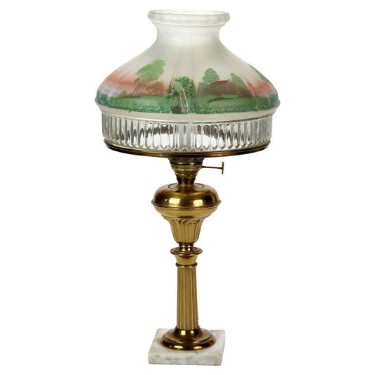 Brass Solar Style Lamp with Scenic Tam O’ Shanter Glass Shade & Marble Base