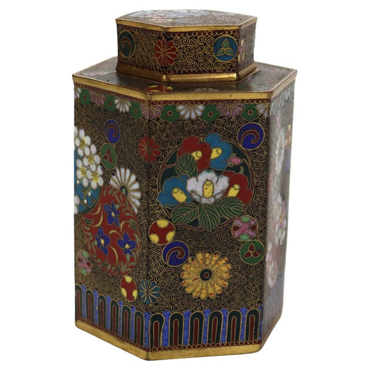 Antique Chinese Cloisonne Enameled Tea Caddy with Garden Flowers C1900