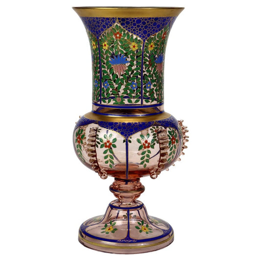 Antique Bohemian Floral Polychrome Enameled Glass Vase 19thC