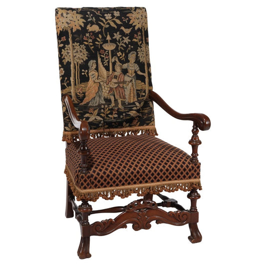 Antique Charles II Carved Mahogany & Scenic Tapestry Throne Chair c1890