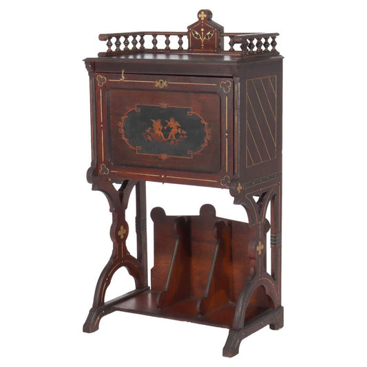 Antique Berkey & Gay Victorian Inlaid Black Walnut & Gilt Drop Front Desk c1890