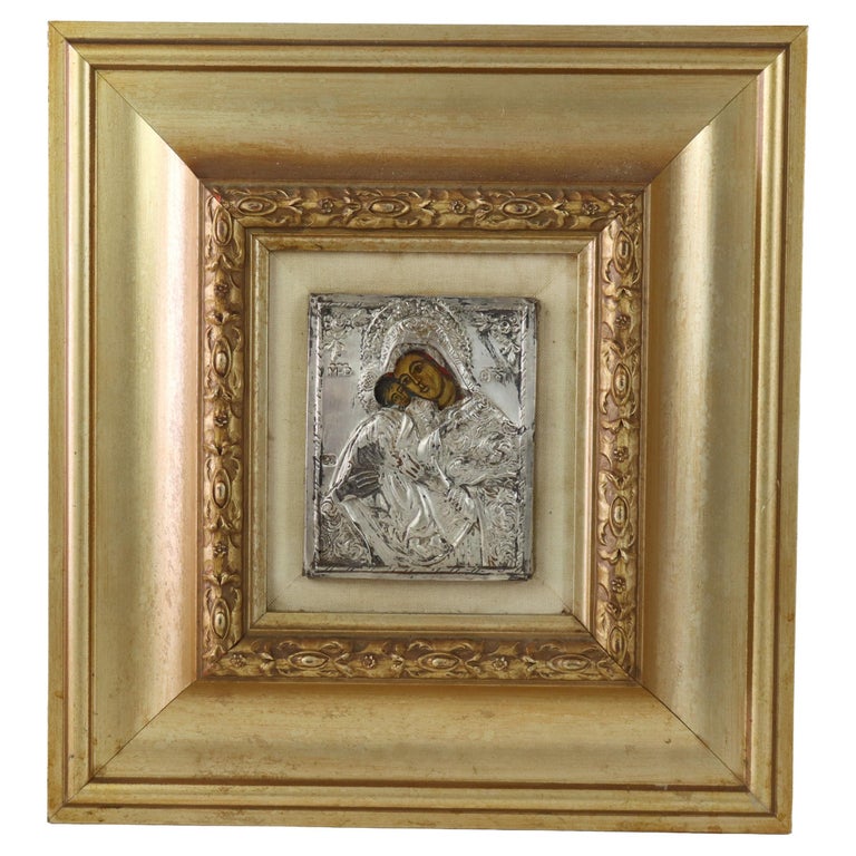 Antique Greek Orthodox Silver Framed Icon with Madonna & Child 19thC