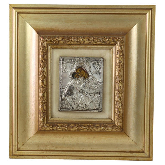 Antique Greek Orthodox Silver Framed Icon with Madonna & Child 19thC