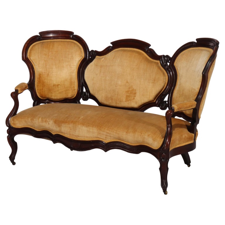 Antique Victorian Carved Walnut Three Panel Back Sofa C1880