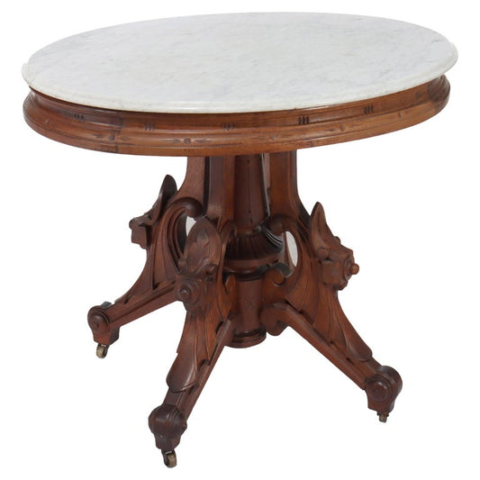 Antique Berkey & Gay Renaissance Revival Carved Walnut Marble Top Table C1880