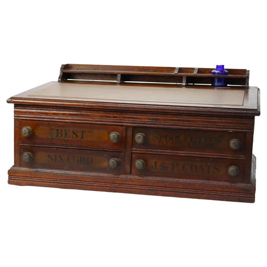Antique J & P Coats Oak Four-Drawer Lift-Top Spool Cabinet Signed C1890