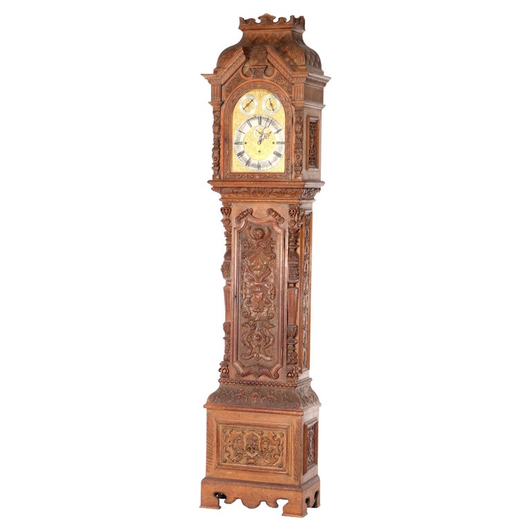 Monumental Westminster English Baroque Heavily Figural Carved Tall Case Clock
