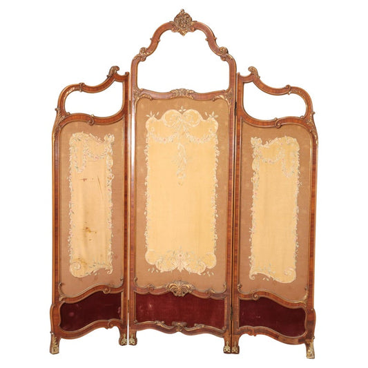 French Kingwood, Mahogany, Embroidered & Beveled Glass Paneled Screen c1890