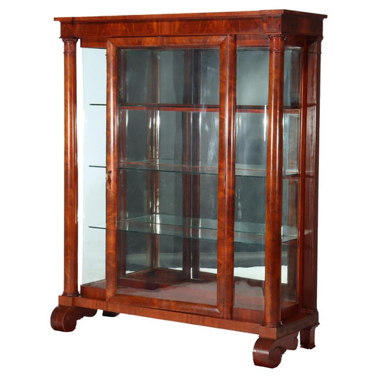 American Empire Flame Mahogany 90-Degree (RARE) Curved Glass China Cabinet c1890
