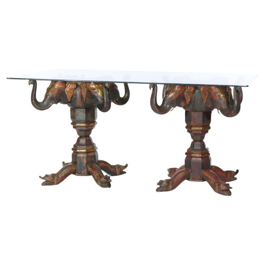 Vintage Asian Polychromed Figural Elephant Double Pedestal Glass Top Table