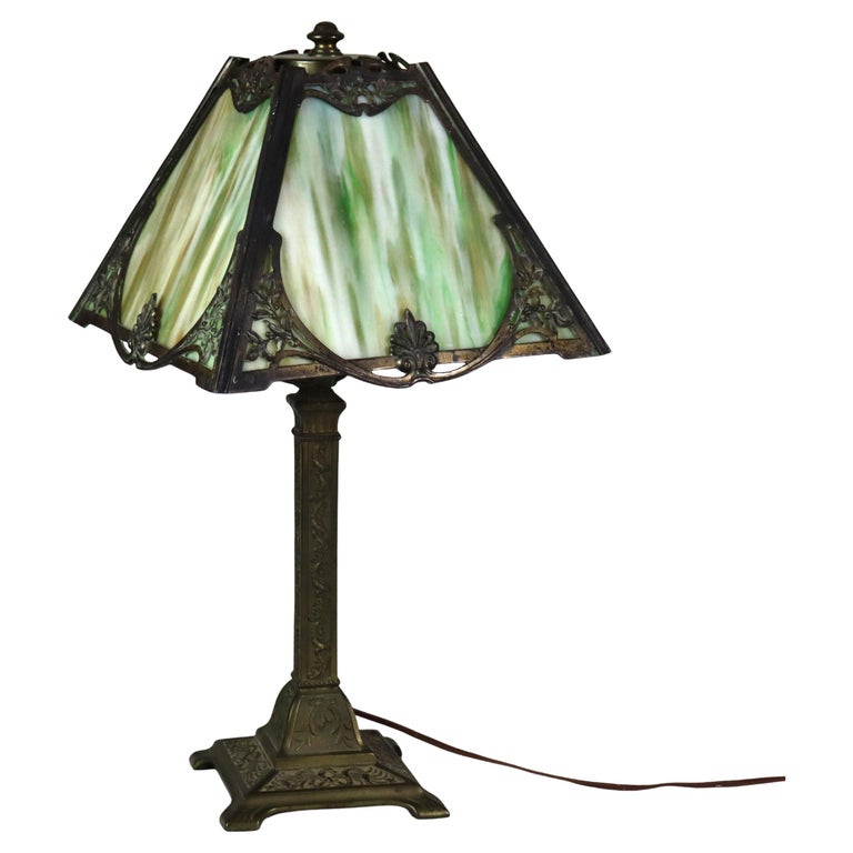 Antique Wilkinson Arts & Crafts 4 Panel Slag Glass Table Lamp Unsigned