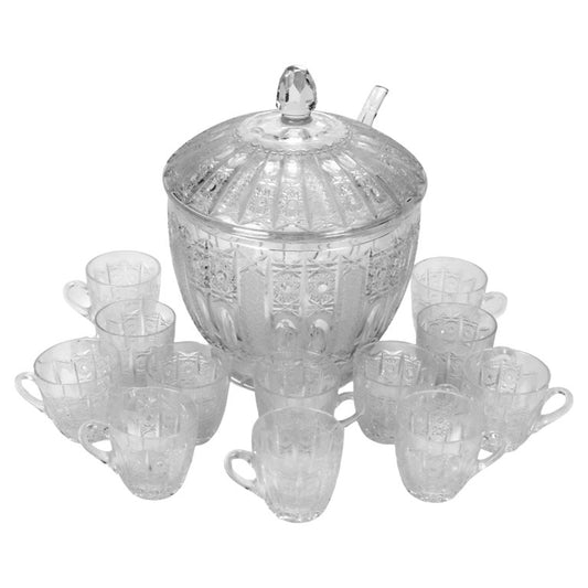 Fifteen Piece Antique Hawk School Cut Glass Diamond & Daisy Punch Bowl Set