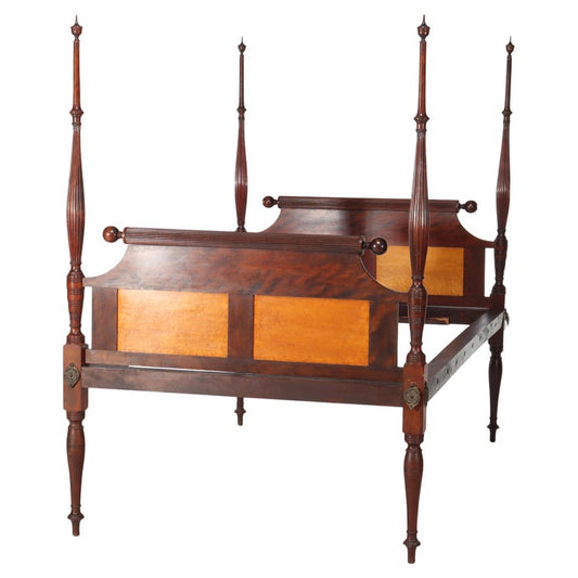 Antique Sheraton Flame Mahogany & Birdseye Maple Pencil Post Bed Frame c1830