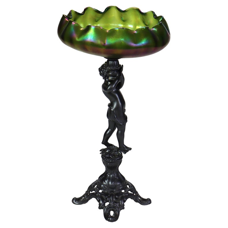 Antique Loetz Art Nouveau Compote With Iridescent Green Glass Bowl c1890
